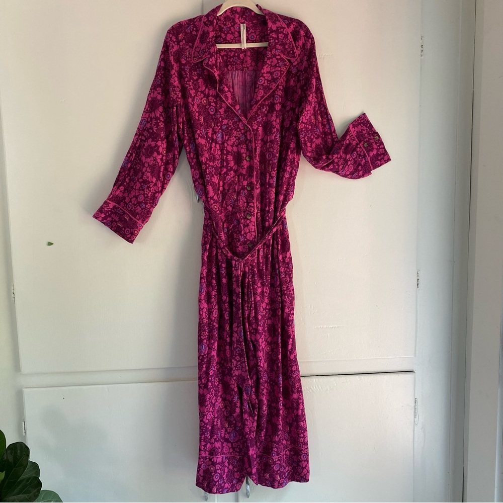 Anthropologie Jumpsuit Deep Magenta Floral Button Tie Rayon Washable Piping L - Picture 4 of 12